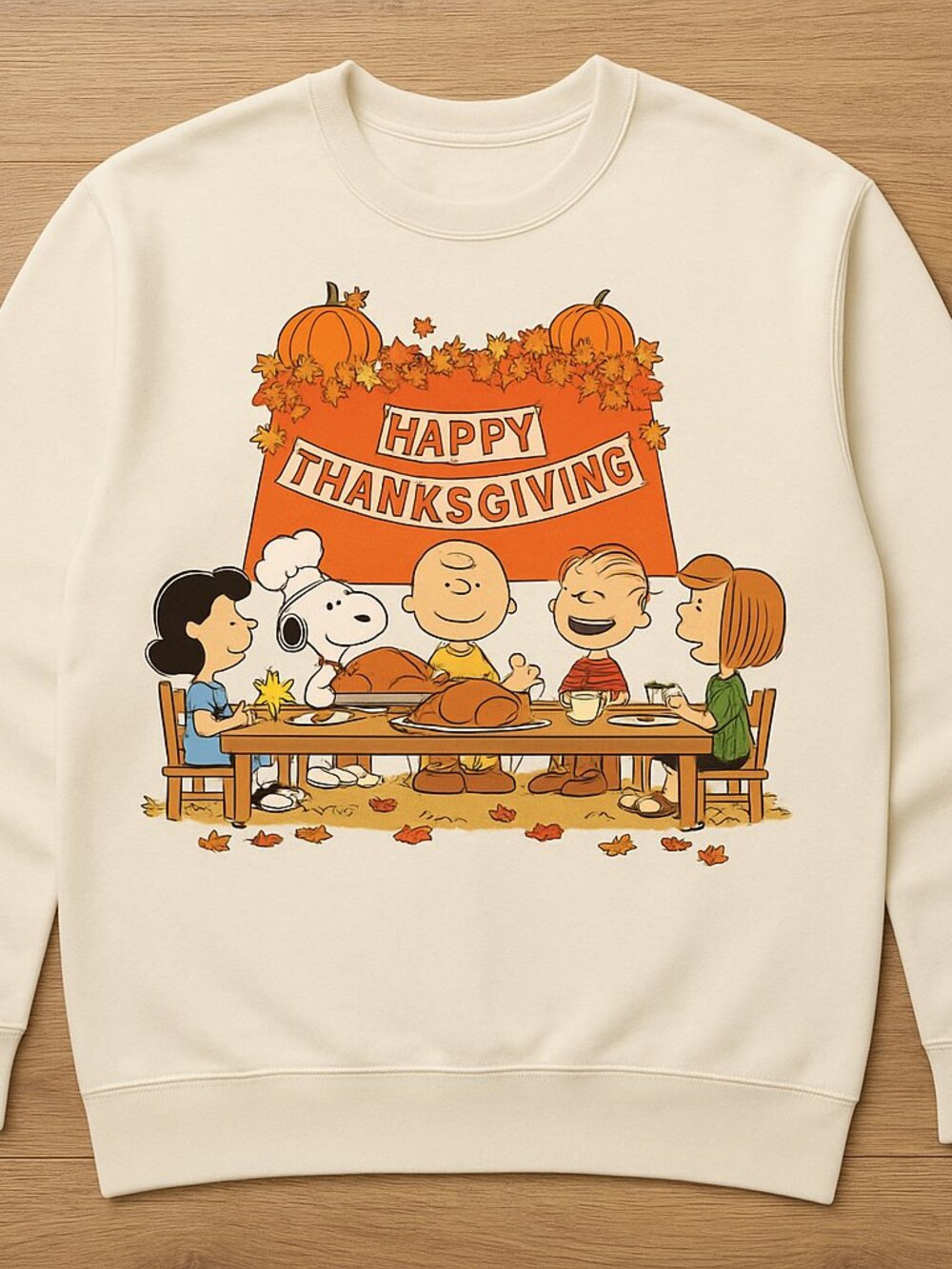 Happy Thanksgiving Cartoon Kids Dinner Crewneck Sweatshirt Cream Fall Retro Top